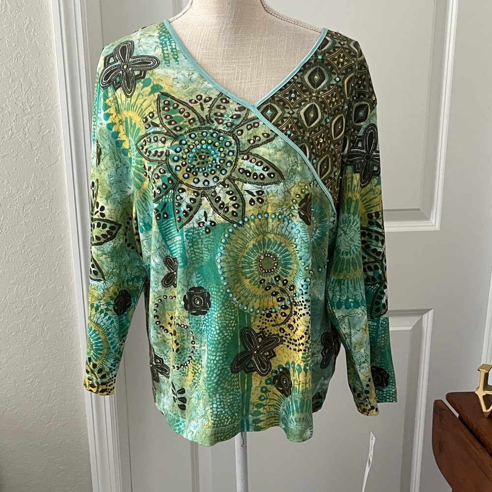 Componix Green and Yellow Floral Blouse Beads&Sequins SZ XL NWT